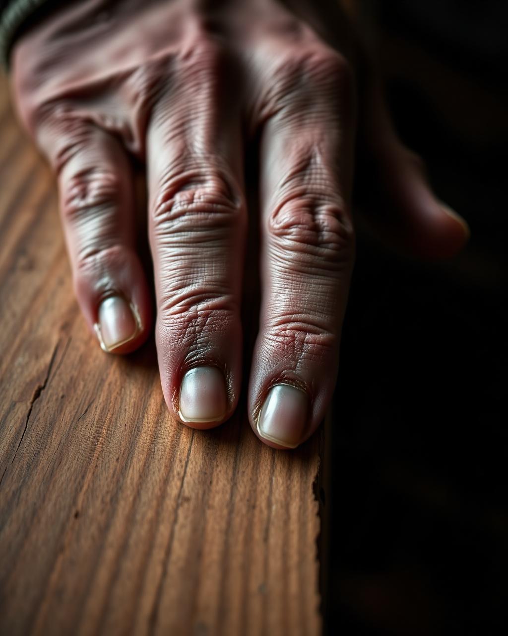 Hand eines Handwerkers fühlt die Maserung einer rohen Eichenbohle