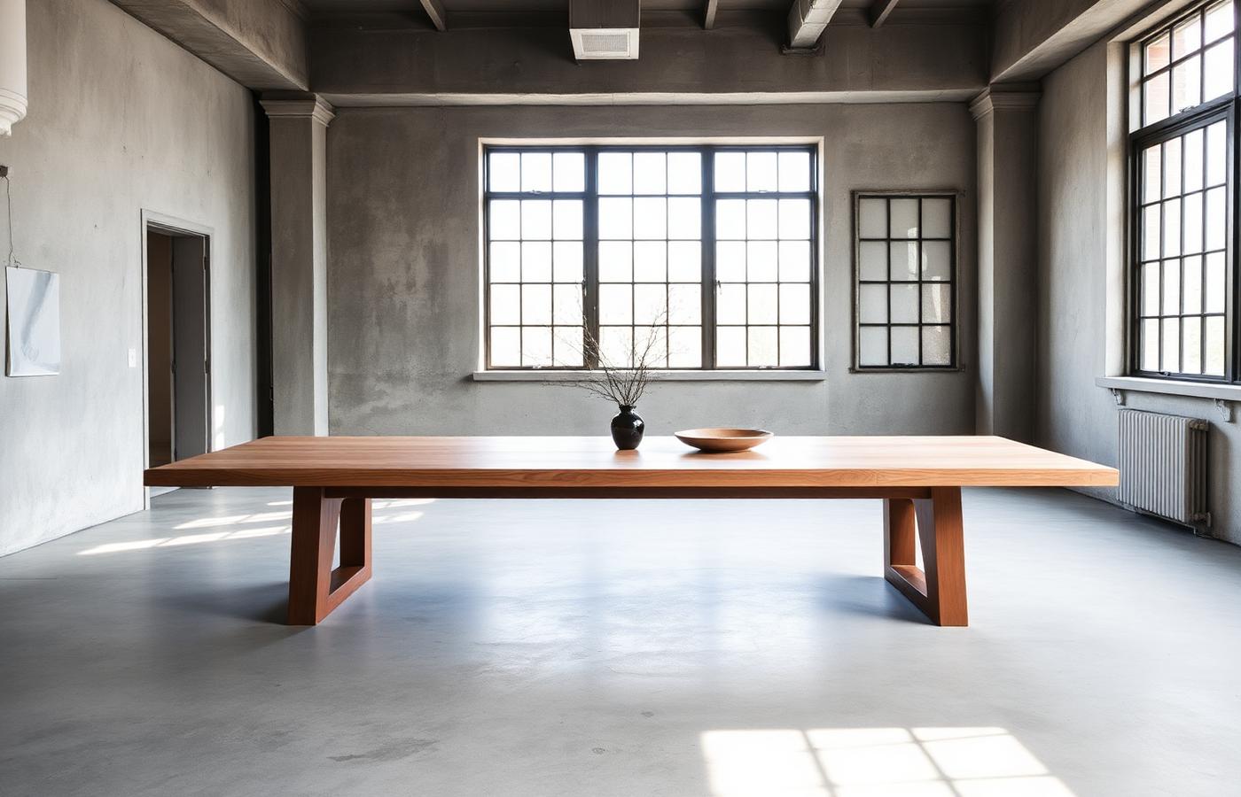 Minimalistischer massiver Eichentisch in einem rohen Betonloft