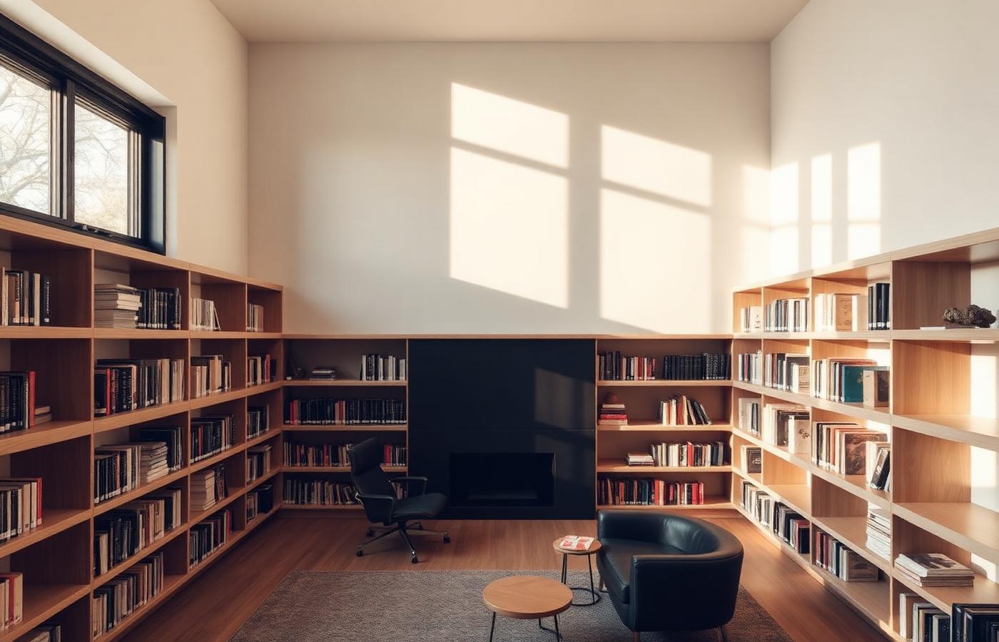 Raumhohe Bibliotheksregale aus heller Esche in einem Lesezimmer
